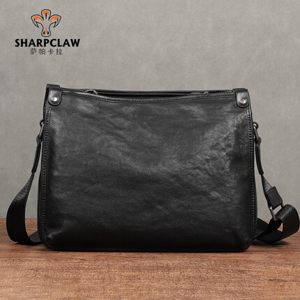 萨帕卡拉男包大容量男士单肩斜跨包头层牛皮男挎包复古休闲男包 黑色 SHARPCLAW