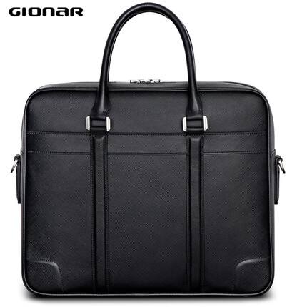 GlonaR超大容量牛皮公文包男款商务出差真皮横款手拎办公会议电脑手提包 黑色