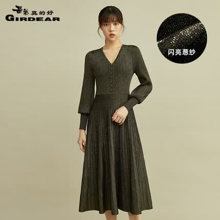 哥弟真的好女装V领灯笼袖高腰葱纱优雅轻礼服中长连衣裙A500155 墨绿 M(3码)