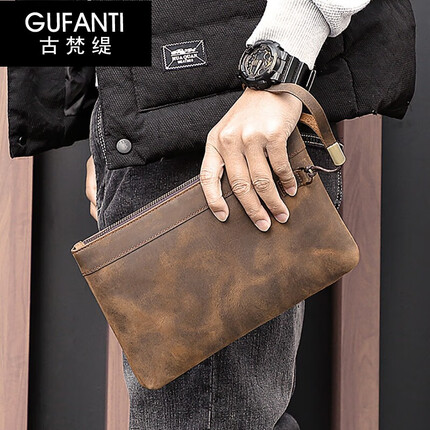 古梵缇手包男 复古商务男士手包牛皮拉链信封包手拿包长款钱包 gftx-301 深棕色 GUFANTI