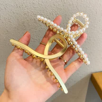 璞韵（PUYUN）金属抓夹大号韩国优雅气质夹子发抓头饰珍珠发夹后脑勺发卡鲨鱼夹 (80%选择)金属光板+珍珠抓夹