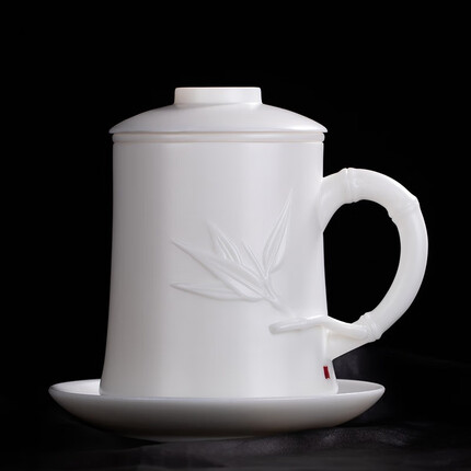 宜杯子 德化羊脂玉白瓷茶杯张国进手作陶瓷带盖办公室水杯单杯个人杯子商务会议杯带手柄老板杯大容量礼盒装 节节高升玉瓷杯