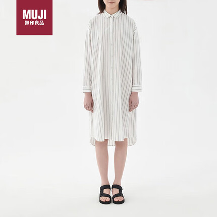 无印良品(MUJI)女式 棉衬衫连衣裙 BC03CC3S 白色条纹 L~XL