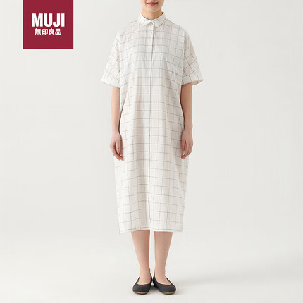 无印良品(MUJI)女式 棉桑蚕丝 短袖连衣裙 裙子 长裙 BC05CC3S 白色格纹 S-M