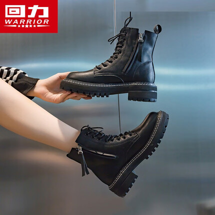 回力女鞋马丁靴女英伦风潮ins透气短靴2022年秋冬季新款百搭时尚街拍网红靴子 020黑色（侧拉链+系带） 36