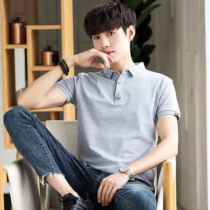 大白鲨POLO衫男2023夏季轻商务休闲翻领保罗t体恤纯色短袖 灰色 M 