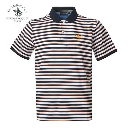 圣大保罗 男士商务休闲上衣合身双丝光纯棉衫翻领条纹短袖恤 蓝色K9 170/88B(L)50