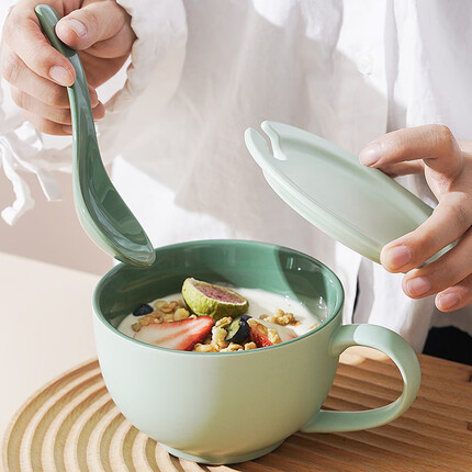 ezicok 汤杯陶瓷杯早餐牛奶杯家用麦片杯 水杯马克杯酸奶杯早餐杯 牛油果双色【杯+盖+勺】