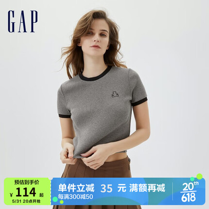 Gap【女友T】女装夏季2023新款辣妹风正肩罗纹针织短袖T恤598246 灰色 165/88A(S)