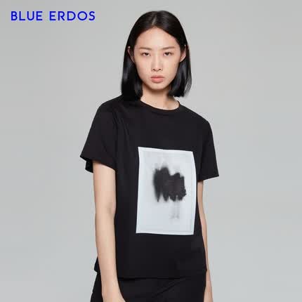 BLUE ERDOS女装春夏纯棉修身T恤舒适百搭圆领印花短袖女 乌黑 170/88A/L