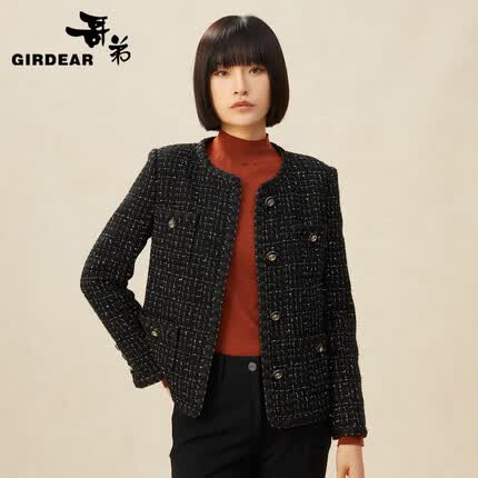 哥弟【GD】新年款千鸟格羊毛小香风花呢外套女士1400042 黑金 XL(5码)