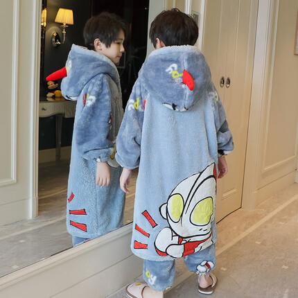 南极人儿童睡衣男孩秋冬季法兰绒女童睡袍珊瑚绒加绒加厚中大童保暖浴袍 WH7815#奥特曼【睡袍+裤子】 12码建议身高120-130cm