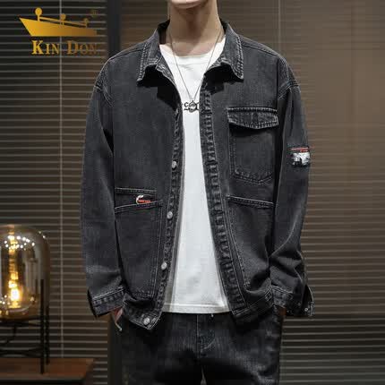 KIN DON金盾牛仔外套男春季韩版宽松休闲夹克男潮流运动棒球服男黑色L
