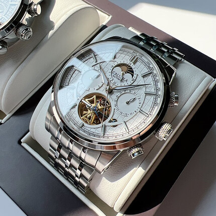 卡罗莱（CALUOLA） 2022新款手表男表多功能全自动机械表男表品牌皮带防水镂空飞轮精钢男士手表 CA1282M-1白面钢带