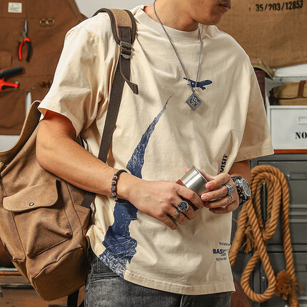 季言短袖男潮牌潮流t恤圆领印花夏季复古水洗纯棉半袖男款帅气半袖t恤 杏色 M（宽松版建议小一码）