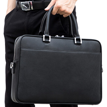 GlonaR男士真皮手提包商务电脑牛皮公文包男大容量简约时尚单肩横款公务 黑色 【头层牛皮/14寸电脑】