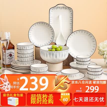 唯铭诺北欧陶瓷餐具套装家用乔迁送人礼品碗筷套装 蓝线条42头礼盒装