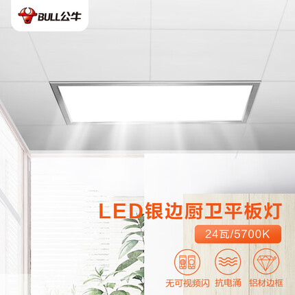 公牛（BULL）吸顶灯 长方形银边平板灯面板灯铝扣板天花板格栅嵌入式厨房灯厨卫灯24W色温5700K