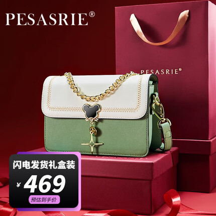 柏萨尼品牌包包女包单肩包斜挎手提包轻奢真皮小方包百搭 绿拼白 奢侈限定礼盒装 （PESASRIE）