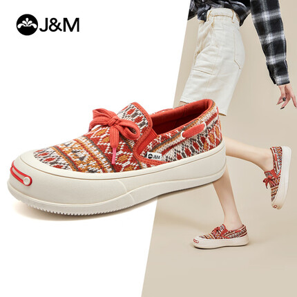 快乐玛丽J&M 单鞋女士乐福鞋开口笑针织女鞋蝴蝶结系带百搭民族风厚底一脚蹬休闲鞋帆布鞋 红色 37 