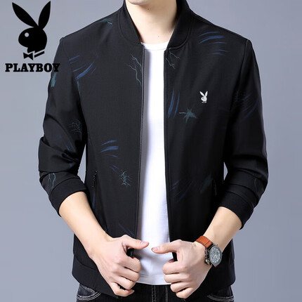 花花公子（PLAYBOY）夹克男外套春季休闲外套男士立领夹克衫潮牌棒球服 黑蓝 2XL 