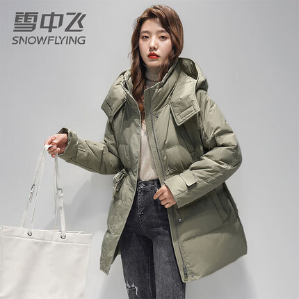 雪中飞冬季羽绒服女连帽中长款防寒服面包服时尚外套 X10148642F 豆绿色 160/84A(S) 