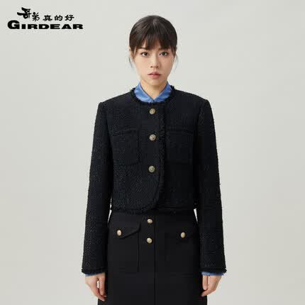 哥弟真的好女装精致复古圆领短款小香风外套女A400864 黑 S(2码)
