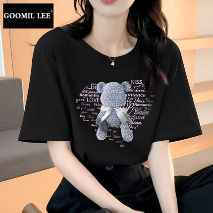 GOOMIL LEE女士短袖T恤夏装新款宽松半袖上衣体恤夏季女装百搭衣服ins 464黑色 S