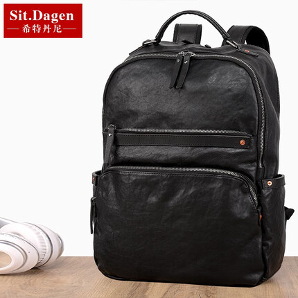希特丹尼真皮双肩包男士大容量旅行出差16英寸电脑包潮男复古休闲背包 黑色