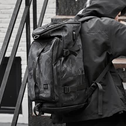 Landcase 背包男旅行包大容量双肩包健身包多功能单肩斜挎旅游手提行李包 迷彩黑