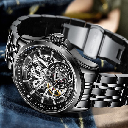 马克华菲手表男士镂空夜光时尚全自动机械表飞轮瑞士潮流腕表FW-6350-S2初高中学生手表 FAIRWHALE