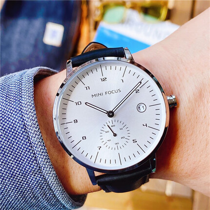 MINIFOCUS福克斯男士手表休闲简约时尚防水真皮腕表 送男友礼物 05钢壳白面黑皮带