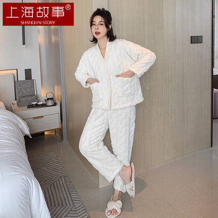上海故事睡衣女士秋冬季珊瑚绒保暖家居服开衫加厚衣裤两件套 SSS22NY25 米色M