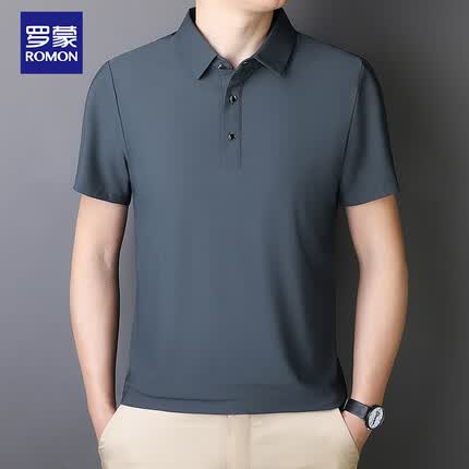 罗蒙（ROMON）短袖T恤男士潮流商务弹力冰丝感polo领打底衫大码男装A85灰色XL