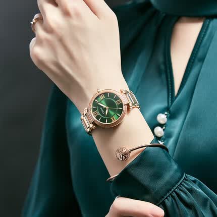 西亚尼品牌小绿表手表女士手表潮流石英女表复古防水时尚新款腕表防水 金绿 CIRNI