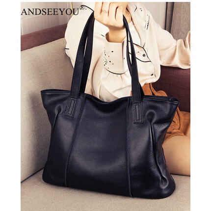 ANDSEEYOU品牌 真皮手提包女 托特包包女包大容量真皮手提包女软皮单肩大包 黑色大号41*32*10