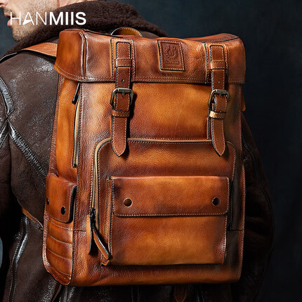HANMIIS空降兵B6大容量头层牛皮双肩包出差旅行袋包全真皮男士背包个性书包竖款方形包小众轻奢 复古棕