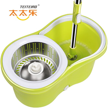 太太乐拖把大号旋转拖把桶免手洗甩干脱水双驱动墩布甩水桶拖地吸水拖布 果绿色 加强杆配3个拖头