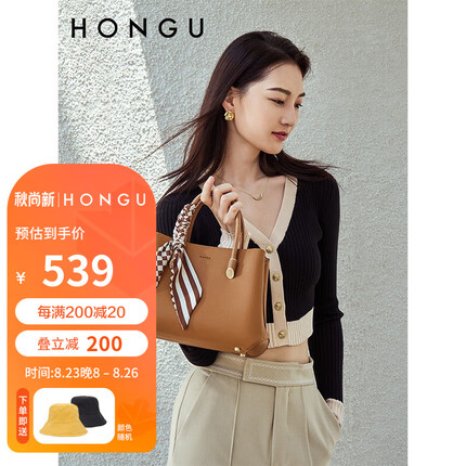 红谷包包女包新款潮牛皮单肩手提包时尚气质丝巾戴妃包 棕色