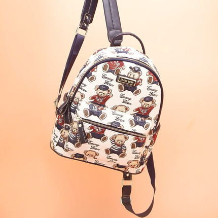 小熊依恋时尚双肩包女布艺织花轻便休闲背包大容量学院风书包户外旅行包