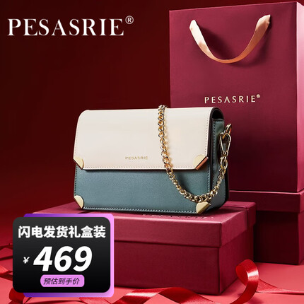 柏萨尼轻奢品牌包包女包单肩包真皮女士斜挎包链条小方包 白绿色 奢侈礼盒包装 （PESASRIE）