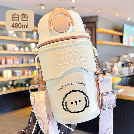 餐将军 保温杯女高颜值吸管水杯大容量儿童保温杯304不锈钢保温水杯便携 吸管保温杯【白色-480ml】