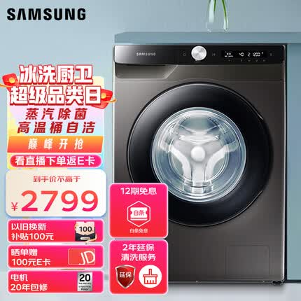 三星10.5公斤滚筒洗衣机 蒸汽除菌高温桶自洁 泡泡净洗AI智控 BLDC变频电机以旧换新WW10T504DAX/SC 灰