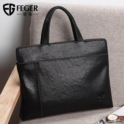 斐格男包手提包男士商务公文包真皮休闲牛皮包简约男提包文件会议包 时尚黑(加大版+送 斜挎包)