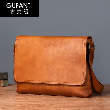 古梵缇单肩斜挎包男 头层牛皮复古休闲单肩包横款男士挎包翻盖gftx-94 棕色 33*7*26CM GUFANTI