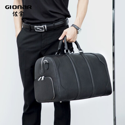 GlonaR男士手提旅行包真皮大提包男商务出差旅游行李包健身训练包大容量 黑色【Saffiano头层牛皮/商旅版】