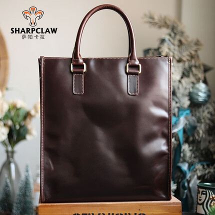 萨帕卡拉男士手提包公文包竖款电脑包商务休闲斜挎牛皮通勤男包包 深咖啡 油蜡牛皮 SHARPCLAW