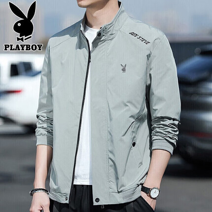 花花公子（PLAYBOY）夹克男春季外套男装男士休闲潮流立领工装上衣服 豆绿色 2XL 