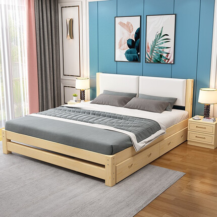成功梦 床北欧实木床双人床 现代简约软包靠背松木出租房 床+10cm床垫+抽屉 1.8*2米*40cm
