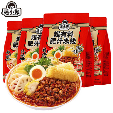 满小饱超有料肥汁米线475g*4/袋酸辣特浓肥汁双倍响铃卷加料方便速食